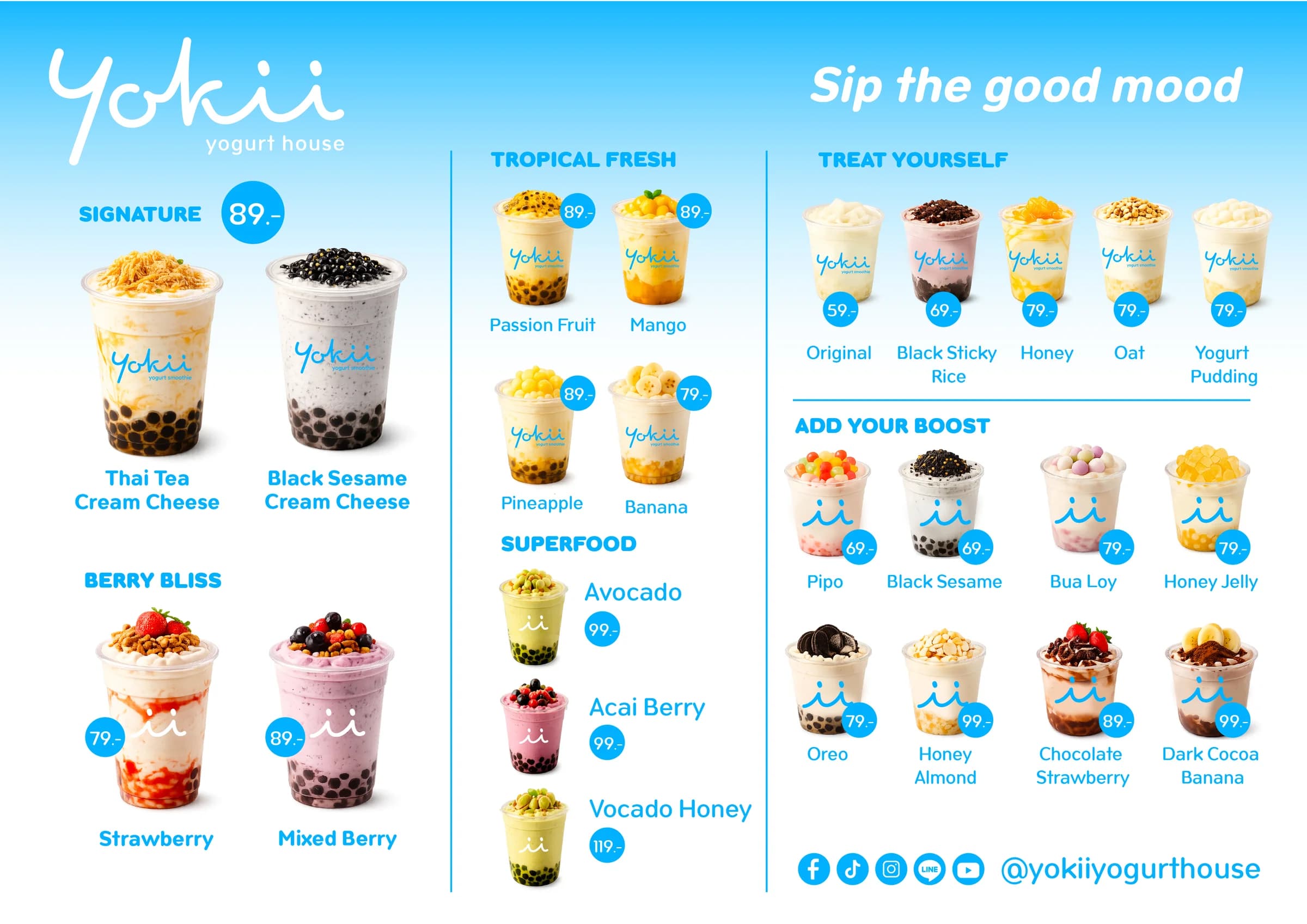 YOKII Yogurt House menu board with all drinks, toppings and prices